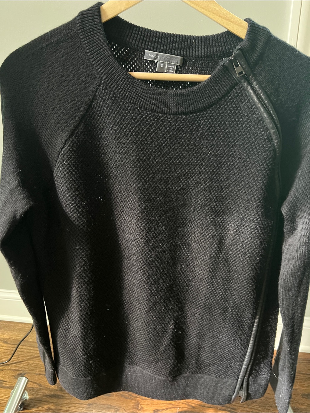 Vince Black Textured Crewneck Sweater With Shoulder Zip Detail With Leather Trim